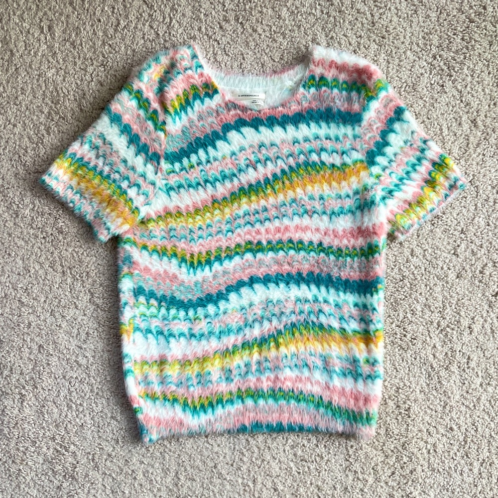 Anthropologie Multicolor Marble Print Fuzzy Short Sleeve Sweater Size Small